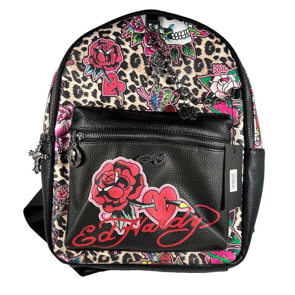 NWT Ed Hardy Leopard Floral Skull Rose Tattoo Faux Leather Backpack